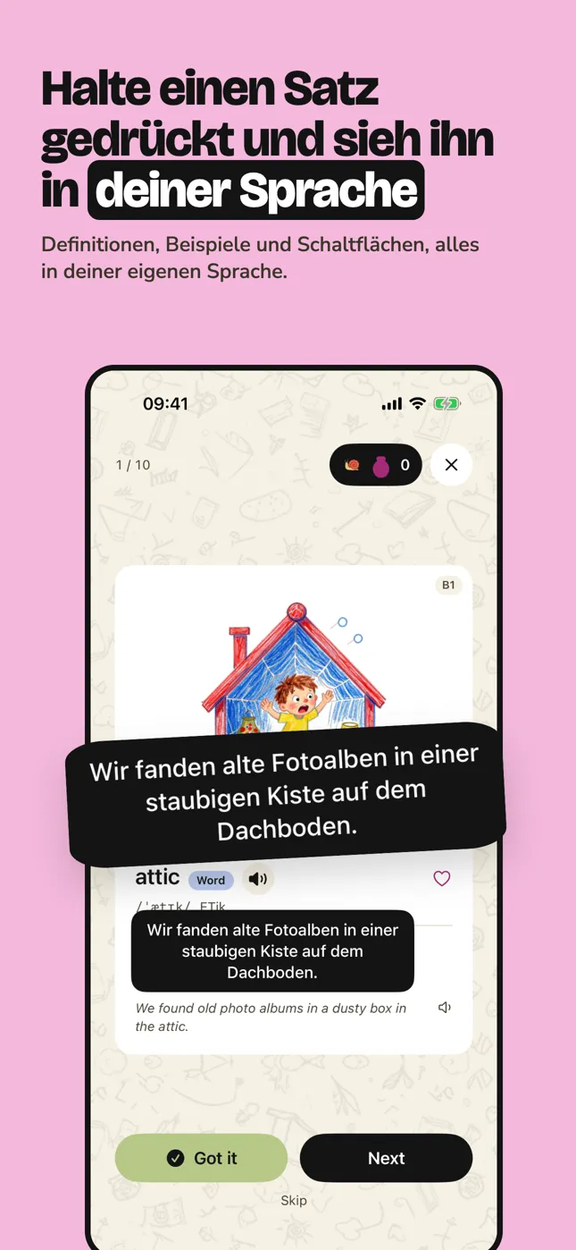 Halte einen Satz gedrückt und sieh ihn in deiner Sprache