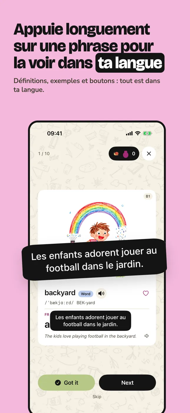Appuie longuement sur une phrase pour la voir dans ta langue