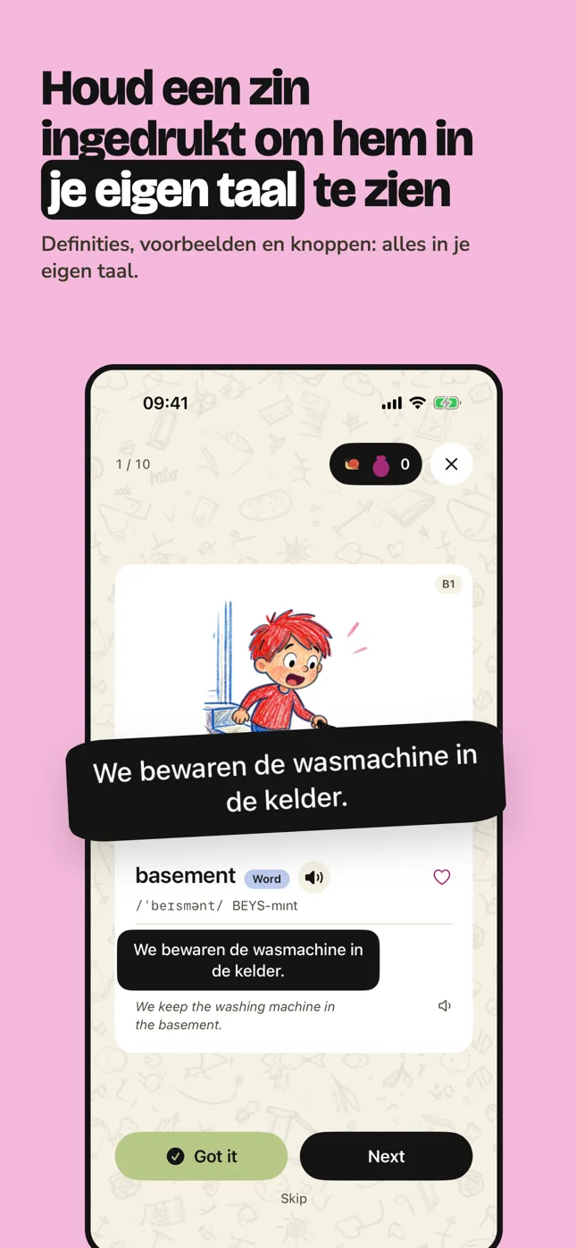 Houd een zin ingedrukt om hem in je eigen taal te zien